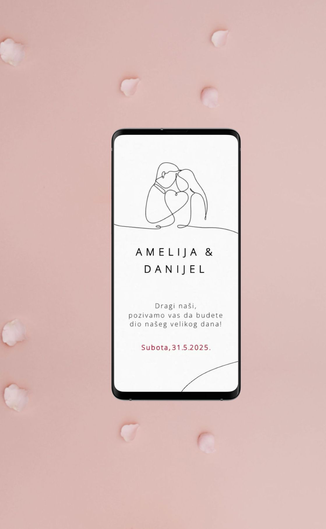 Digitalne pozivnice za vjenčanje s dizajnom Ilustracija Par Linija, glazba, digitalna omotnica, minimalistički stil, crno-bijela paleta.