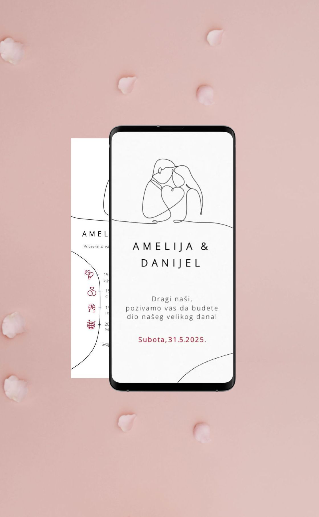 Materijali za vjenčanje s dizajnom Ilustracija Par Linija, minimalistički stil, crno-bijela paleta s crvenim akcentima, elegantna atmosfera.