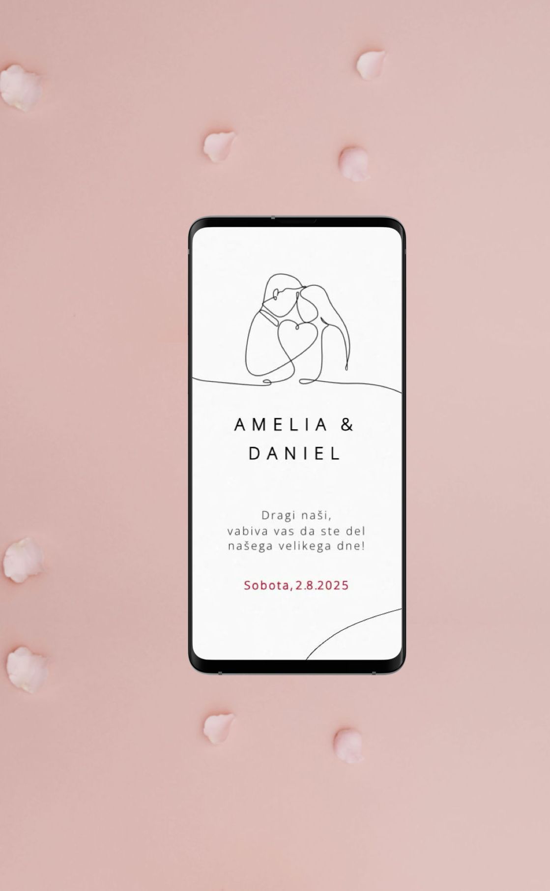 Magical online poročna vabila z dizajnom Ilustracija Par Vrstica, vključujejo glasbo in digitalno ovojnico za čarobno vzdušje.
