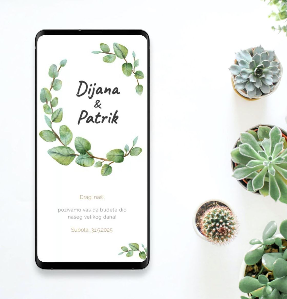 Digitalne pozivnice za vjenčanje s dizajnom Zeleni listići prikazane na ekranu, s botaničkim ilustracijama, glazbom i digitalnom omotnicom.