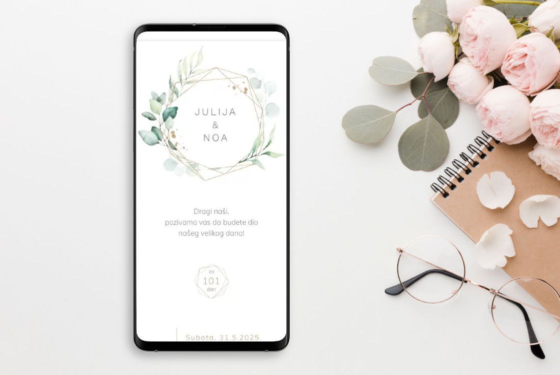 Digitalne pozivnice za vjenčanje s Vijenac Listića dizajnom, elegantni zeleni i zlatni tonovi, uključuju glazbu i digitalnu omotnicu, čarobno iskustvo.
