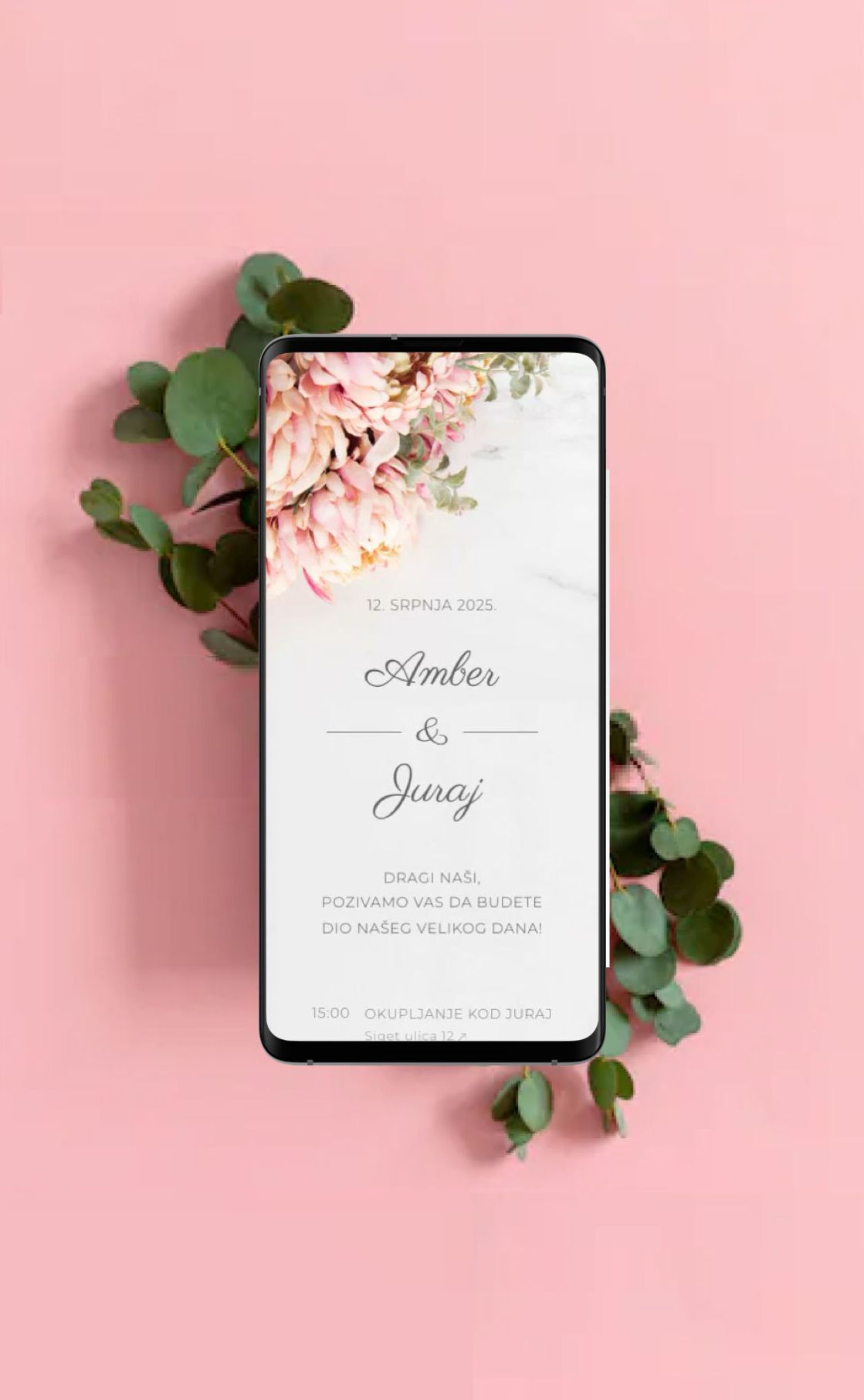 Cvijet mramor digitalne pozivnice za vjenčanje prikazuju elegantan cvjetni dizajn s glazbom i digitalnom omotnicom, stvarajući čarobnu atmosferu.