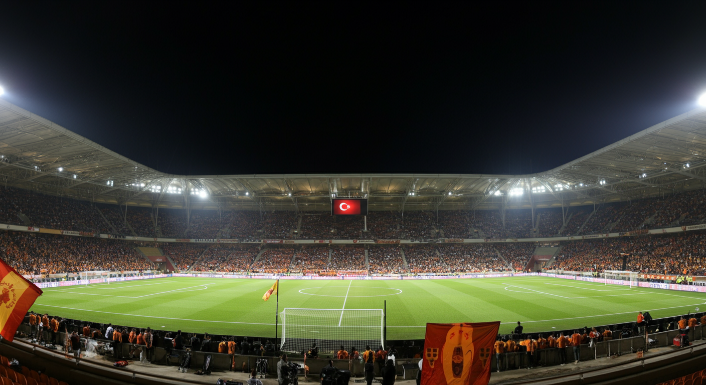 Estádio de futebol lotado na Turquia à noite, com luzes brilhantes e torcedores vibrando, foco nos times em campo.