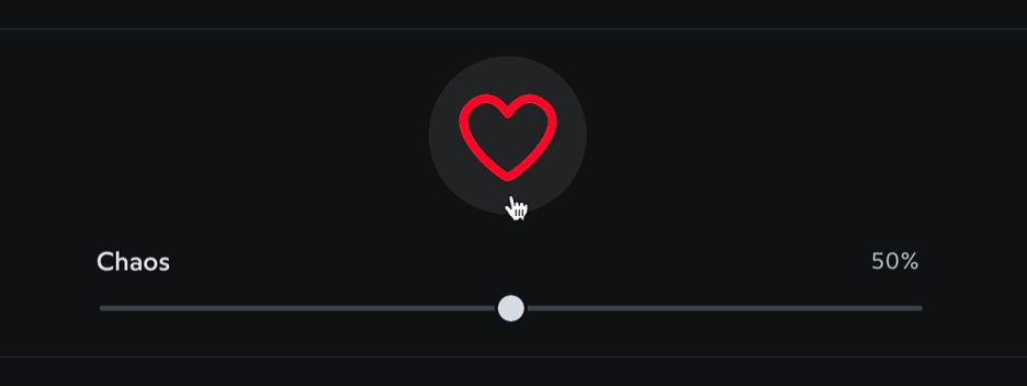 A “Like” button sits under a slider labeled “Chaos”, currently set to 50%. The button is clicked and several colorful particles pop out. The slider is dragged to 0%, and the resulting effect is very symmetrical and orderly. The slider is dragged to 100% and the particles become much more wild and unconstrained, flickering between colors and slowly fading away.