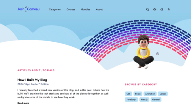 screen recording of my blog's homepage, featuring a colorful rainbow. As the rainbow disappears behind the header, it gets blurry, as if seen through frosted glass