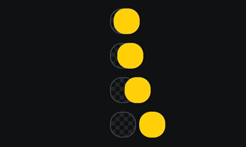 Four yellow balls in a vertical stack, all swinging left and right like a pendulum. Each ball is being displaced by a different amount; the top ball is barely moving, while the bottom one is swinging widely from one side to the other