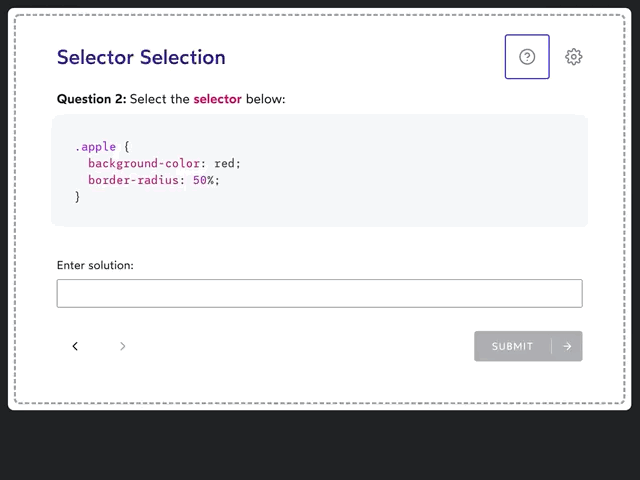 Demo showing a code snippet and the prompt 'select the first declaration'. The correct code is selected, and a button is clicked. The selection was correct