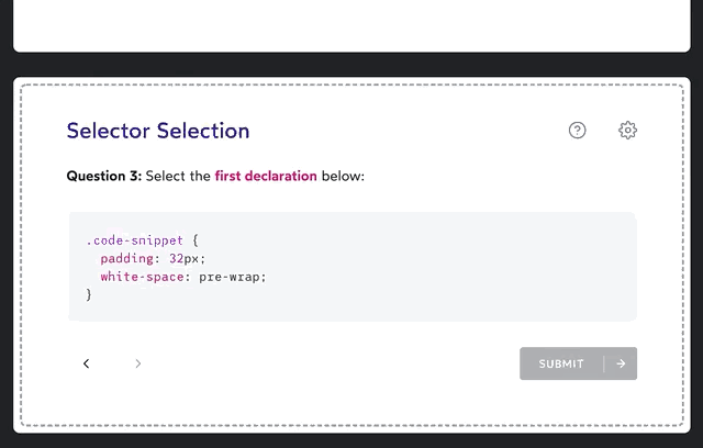 Demo showing a code snippet and the prompt 'select the first declaration'. The correct code is selected, and a button is clicked. The selection was correct