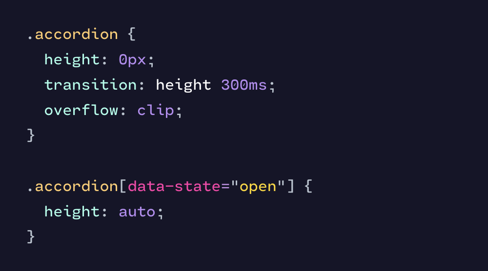 screenshot of code showing an element that has its height set either to “auto” or “0px” depending on a data attribute. It also has “transition: height 300ms” and “overflow: clip” set.