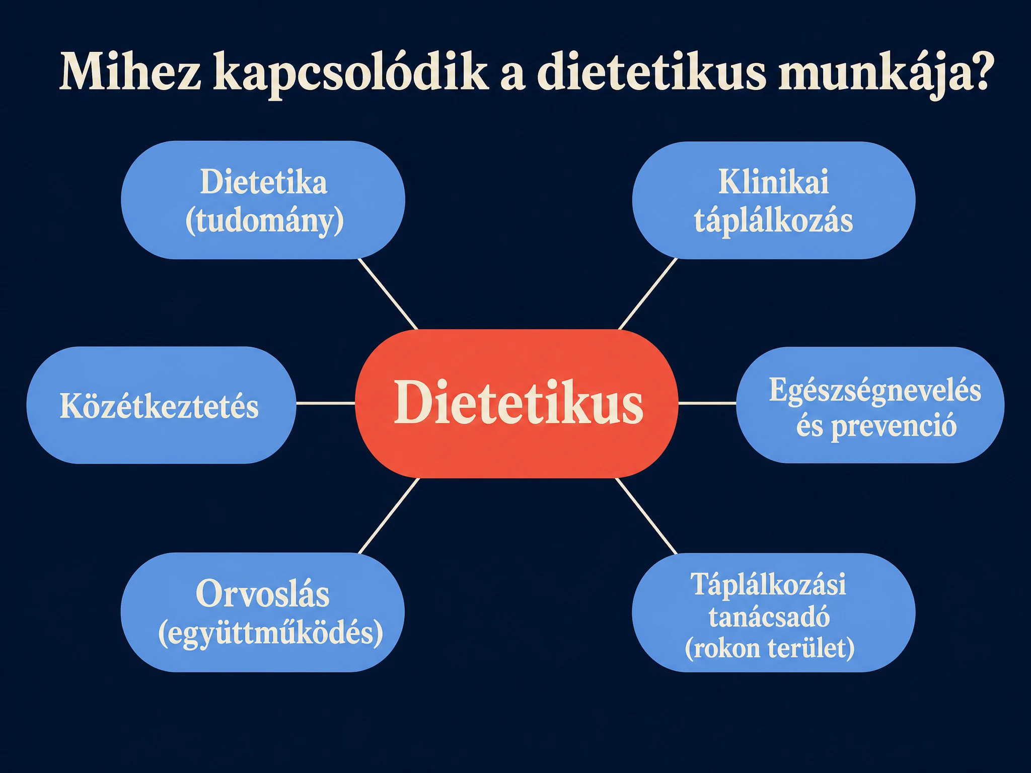 Fogalomtérkép, amely a dietetikus munkakörét hat kapcsolódó területhez köti: dietetika mint tudomány, klinikai táplálkozás, közétkeztetés, egészségnevelés és prevenció, orvoslással való együttműködés, valamint a rokon terület, a táplálkozási tanácsadás.