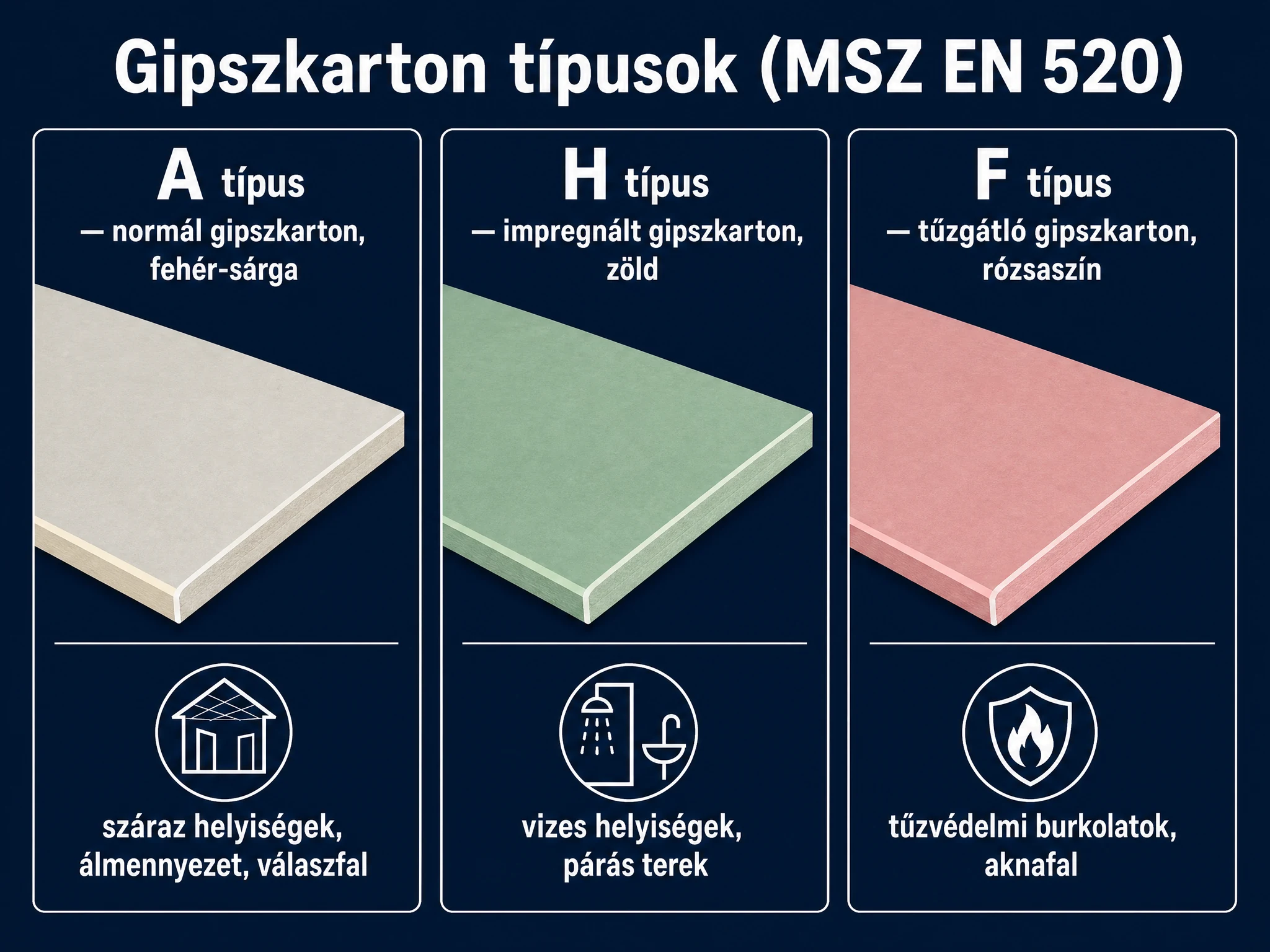 Gipszkarton típusok az MSZ EN 520 szabvány szerint: A típus normál fehér-sárga, H típus impregnált zöld, F típus tűzgátló rózsaszín