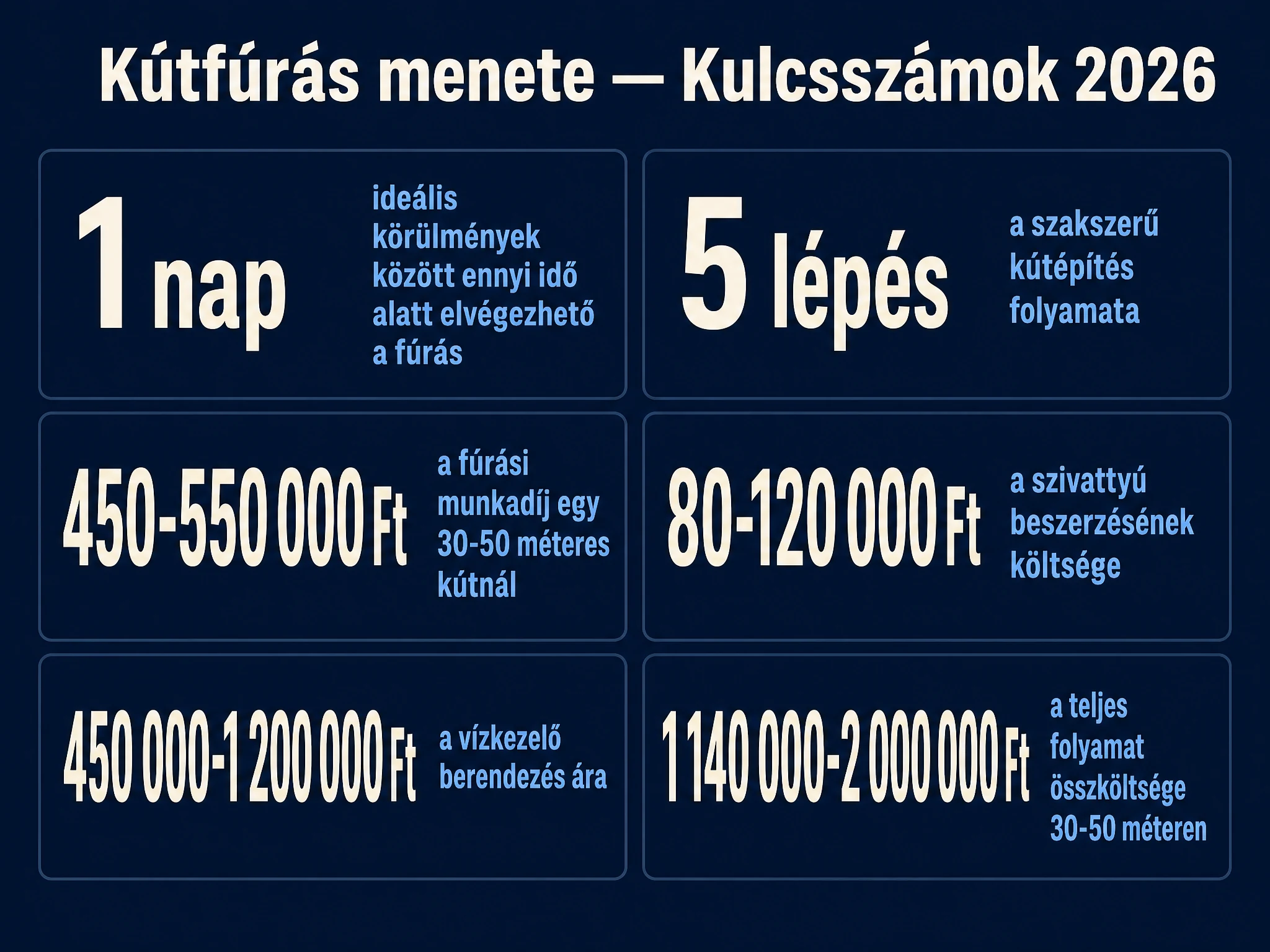 Kútfúrás menete kulcsszámok 2026: 1 nap ideális fúrási idő, 5 lépéses folyamat, 450-550000 forint fúrási munkadíj, 80-120000 forint szivattyú, 450000-1200000 forint vízkezelő berendezés, 1140000-2000000 forint teljes költség