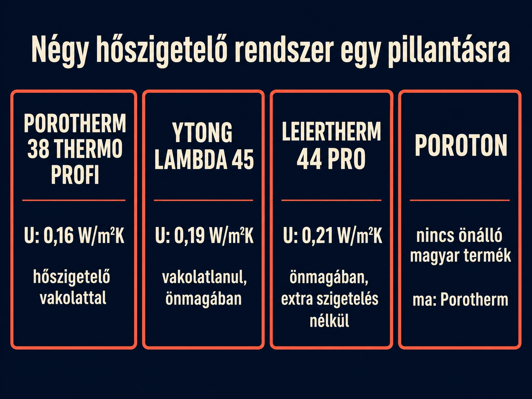 Négy hőszigetelő rendszer egy pillantásra: Porotherm 38 Thermo Profi U 0,16 hőszigetelő vakolattal, YTONG Lambda 45 U 0,19 vakolatlanul önmagában, Leiertherm 44 Pro U 0,21 önmagában extra szigetelés nélkül, Poroton nincs önálló magyar termék ma Porotherm