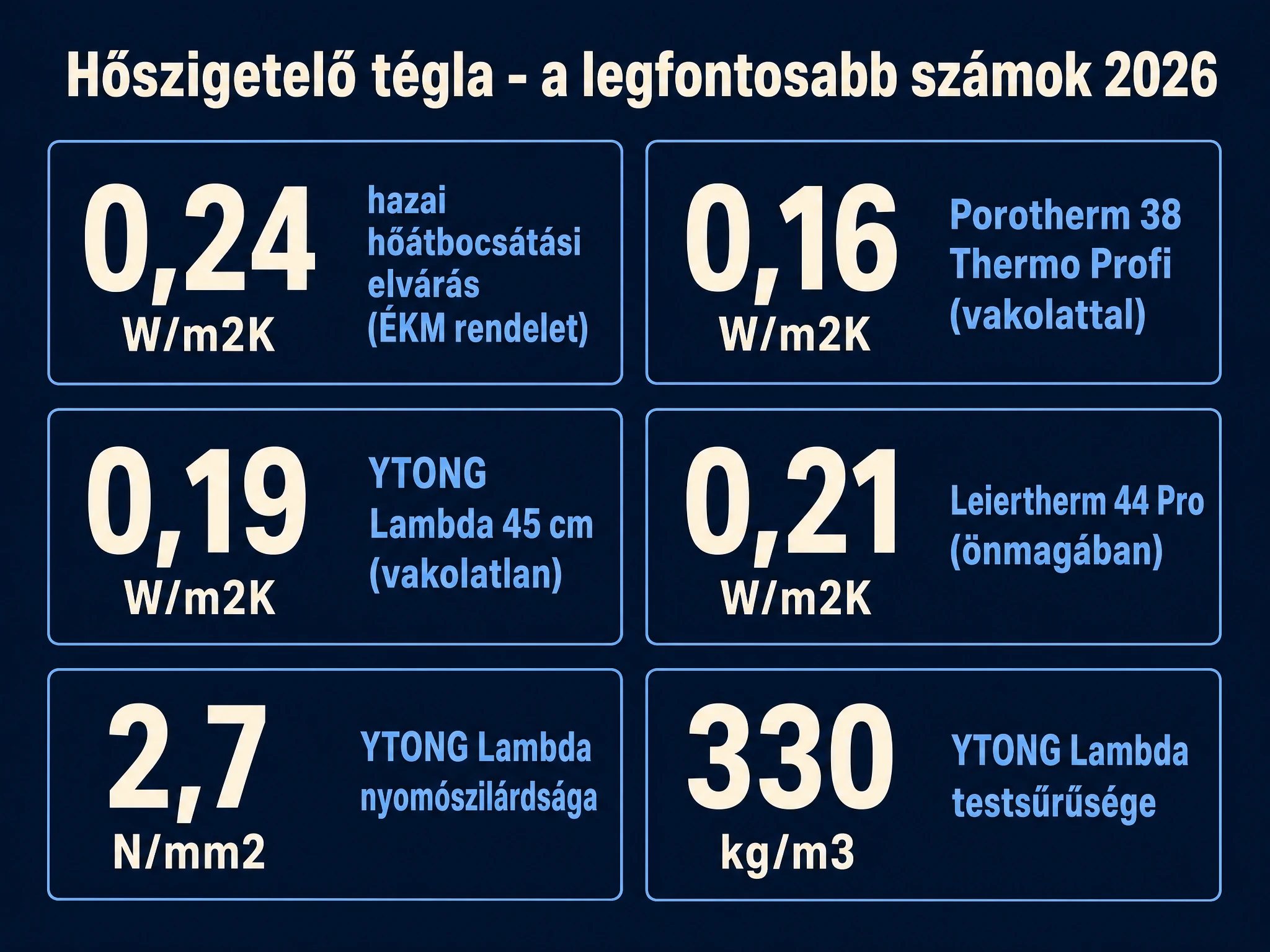 Hőszigetelő tégla legfontosabb számai 2026: 0,24 W/m2K a hazai hőátbocsátási elvárás, 0,16 W/m2K Porotherm 38 Thermo Profi vakolattal, 0,19 W/m2K YTONG Lambda 45 cm vakolatlanul, 0,21 W/m2K Leiertherm 44 Pro önmagában, 2,7 N/mm2 YTONG Lambda nyomószilárdsága, 330 kg/m3 YTONG Lambda testsűrűsége