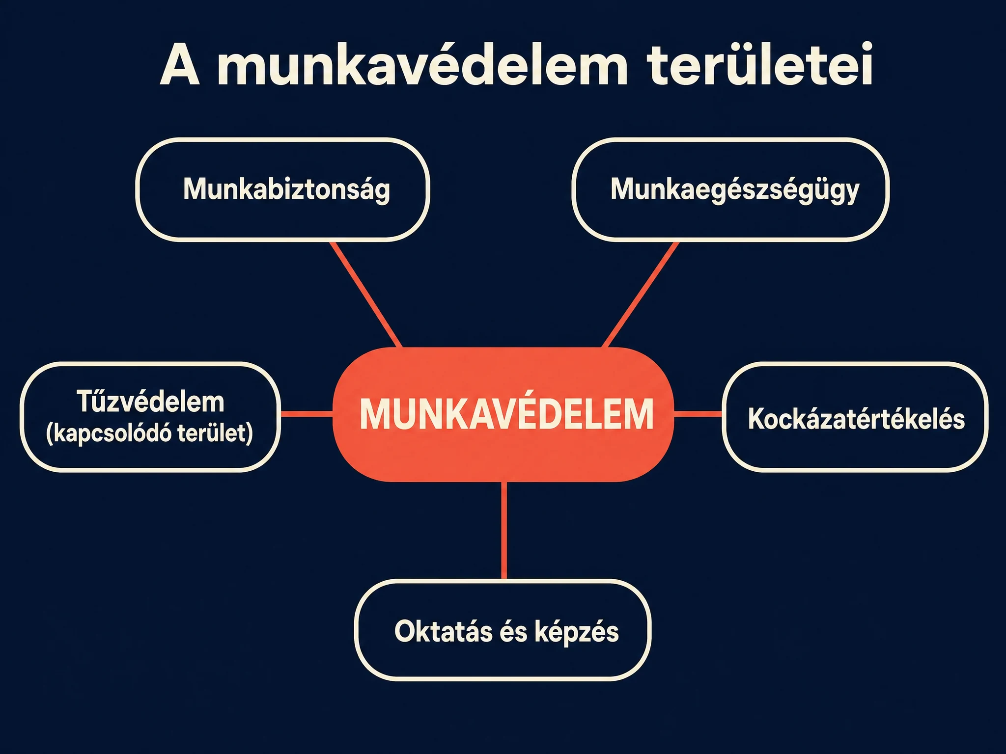 A munkavédelem területei: munkabiztonság, munkaegészségügy, tűzvédelem, kockázatértékelés, oktatás fogalomtérkép