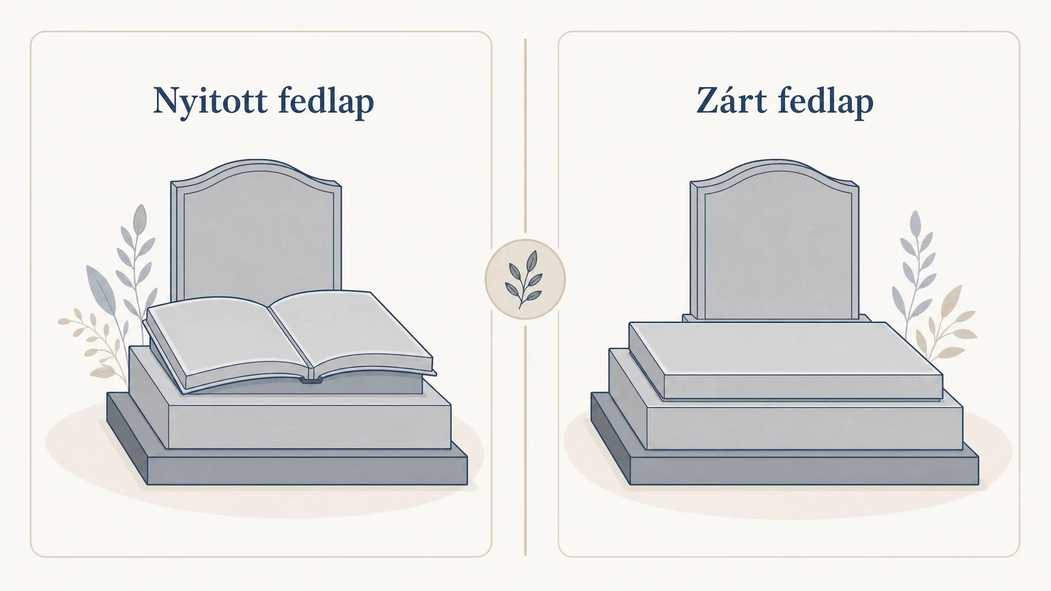 Sírkő fedlap formák: nyitott (könyv formájú) és zárt (egyenes tetejű) fedlap összehasonlítása