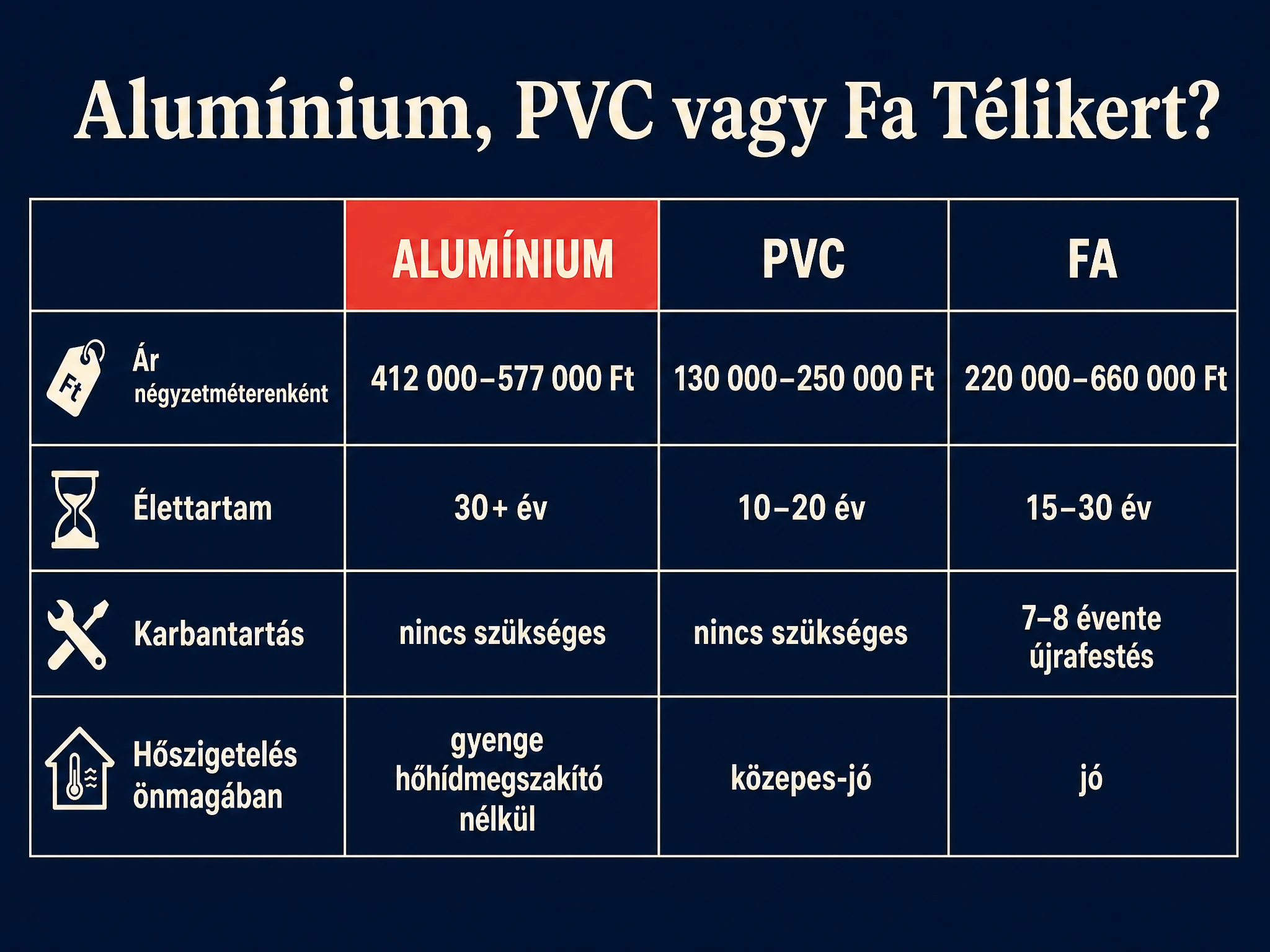 Táblázatos összehasonlítás alumínium, PVC és fa télikert szerkezetek között: ár négyzetméterenként, élettartam, karbantartási igény és önmagában vett hőszigetelés.