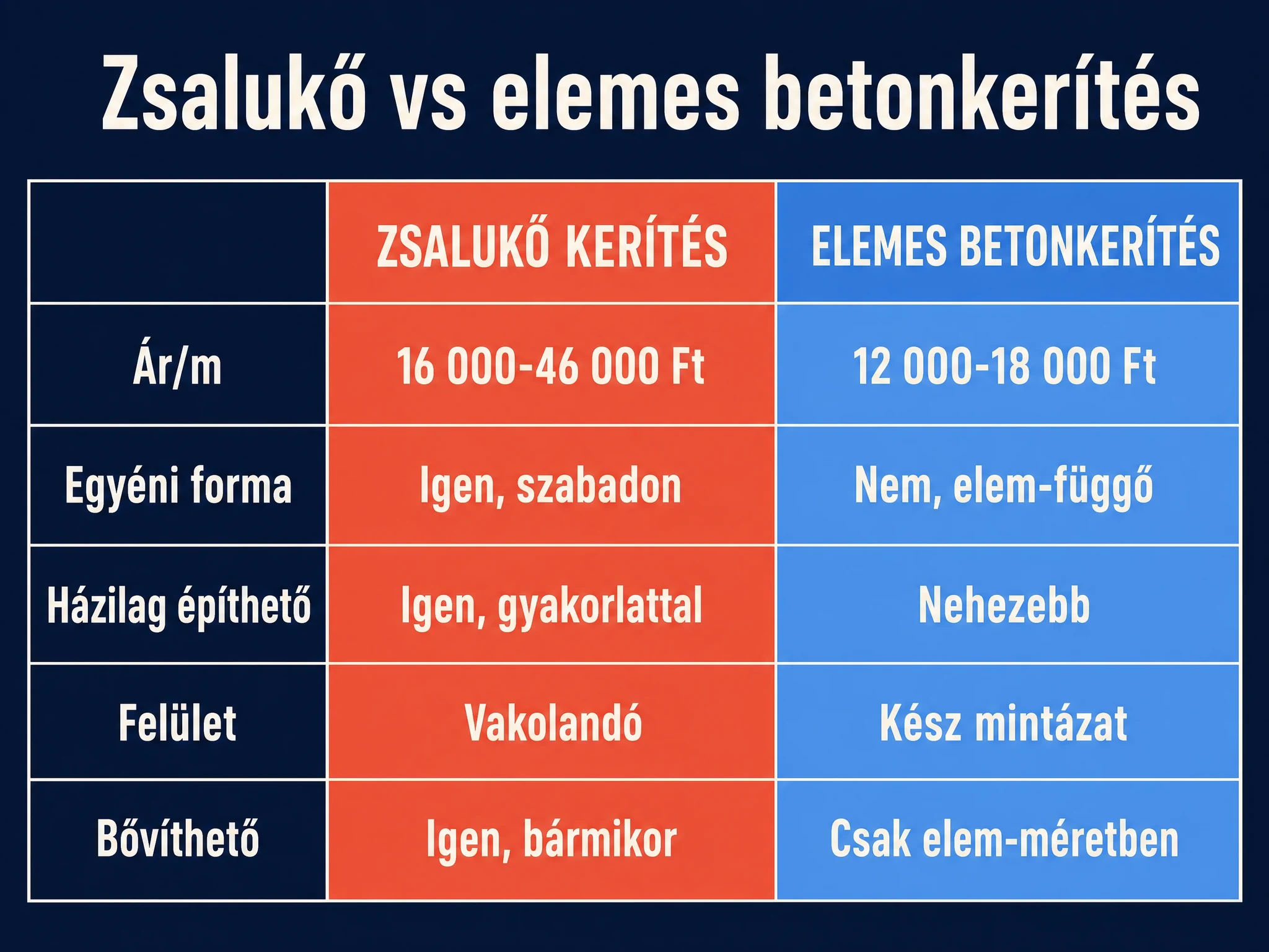 Zsalukő kerítés és elemes betonkerítés összehasonlítása: ár, egyedi forma, házilag kivitelezhetőség, felület és bővíthetőség szerint
