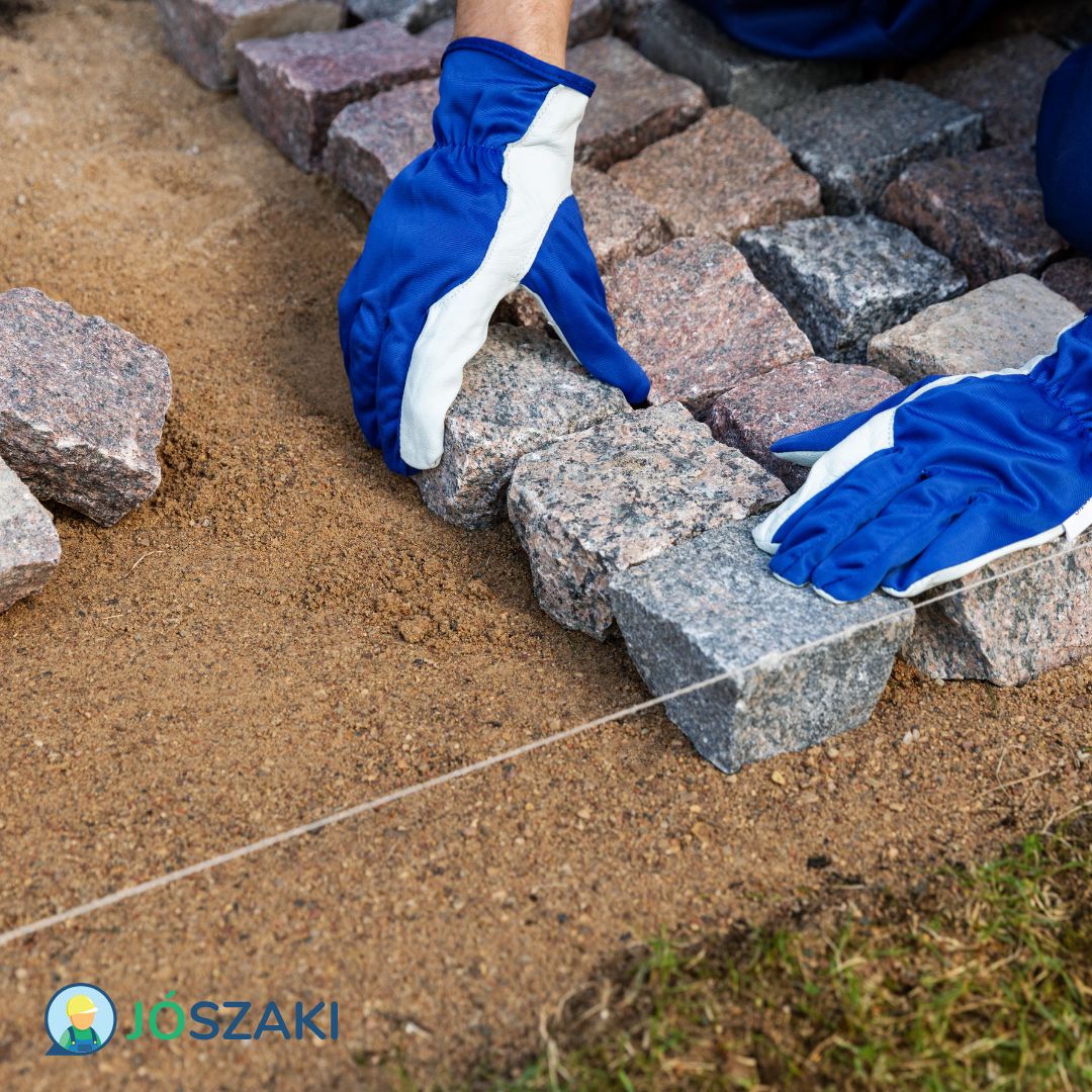 Gránit kő burkolat elhelyezése homokos kavicságyra