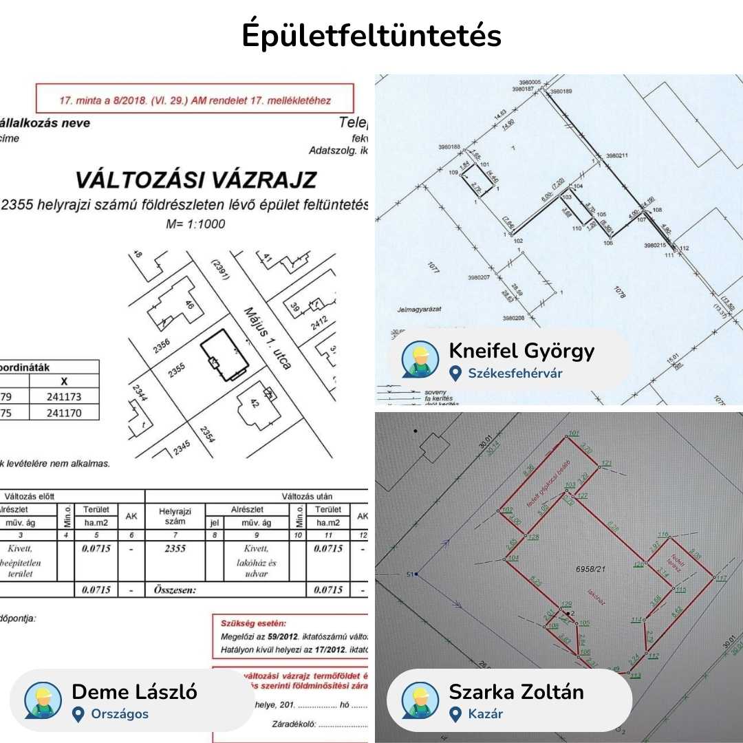 Épületfeltüntetési tervek, referencia-munkák a Jószaki földmérő és térképész szakembereinek munkáiból