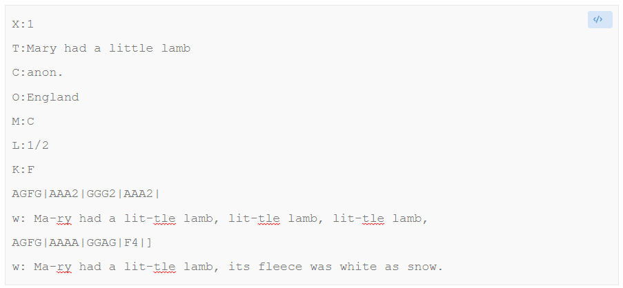 The header codes for the musical notation that will be displayed in your Markdown template.