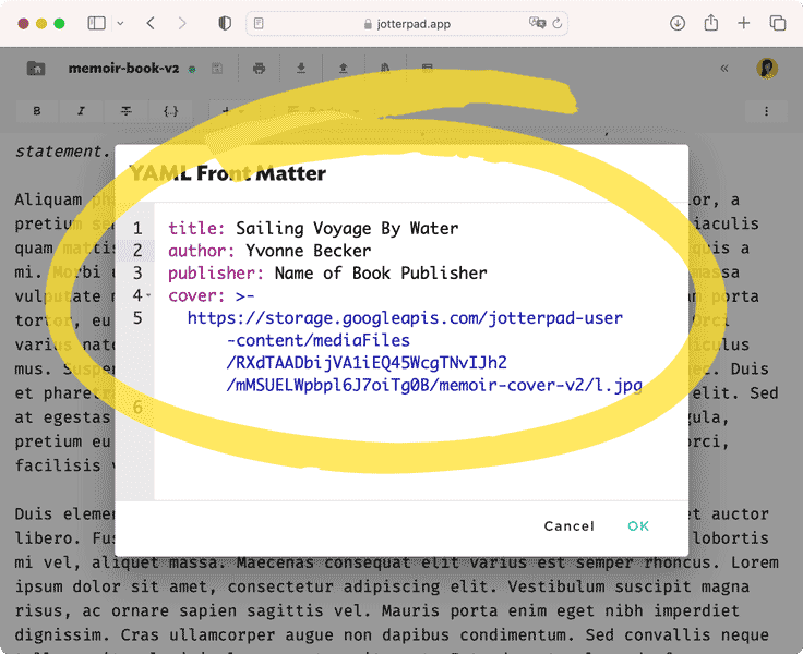 Customize your book parametres in the YAML Front Matter in your Markdown document.