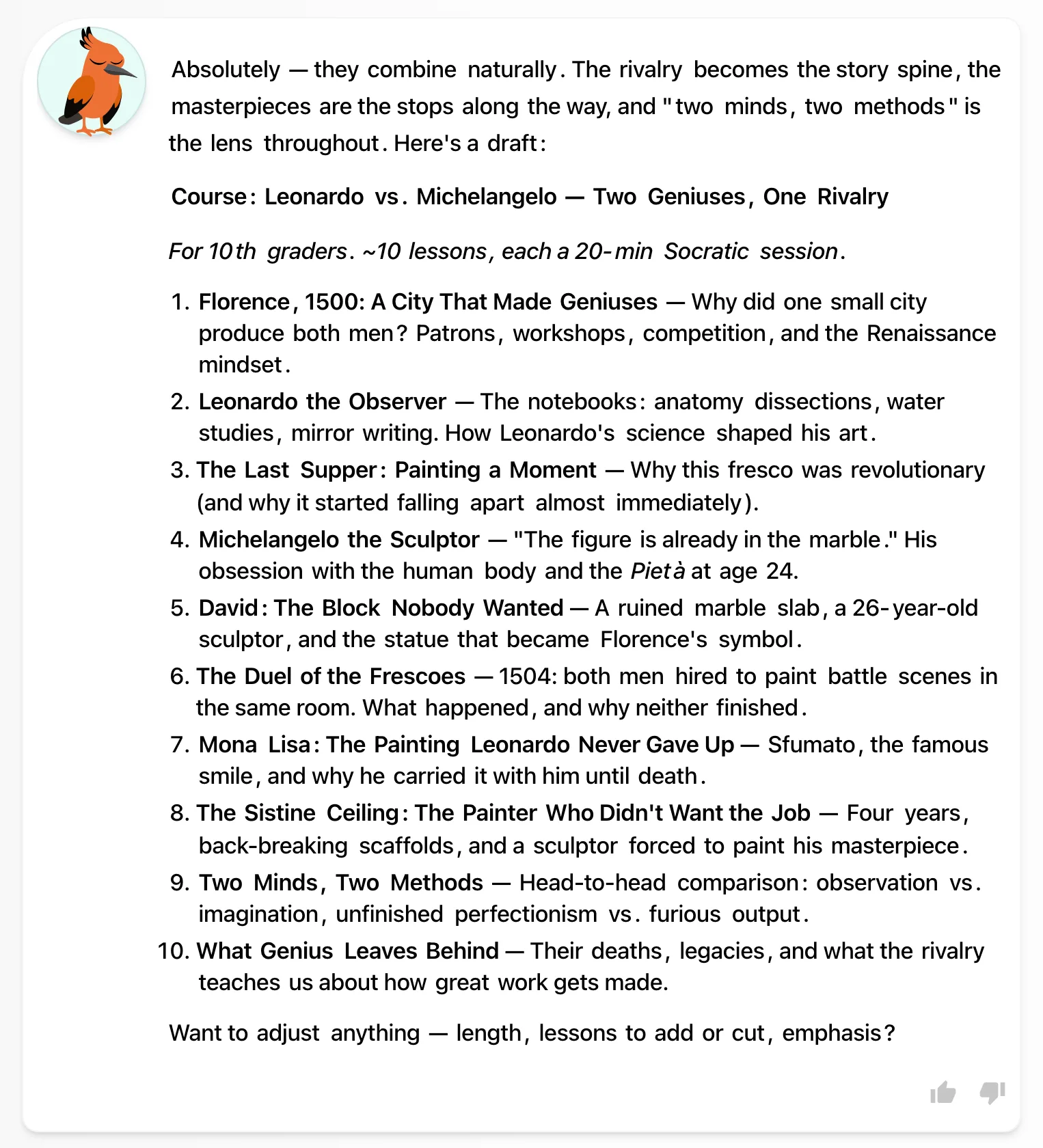 The ten-lesson outline, drafted in the chat and waiting for approval