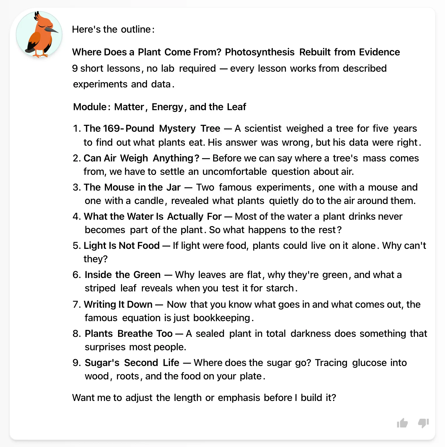 The nine-lesson outline, drafted in the chat and waiting for approval