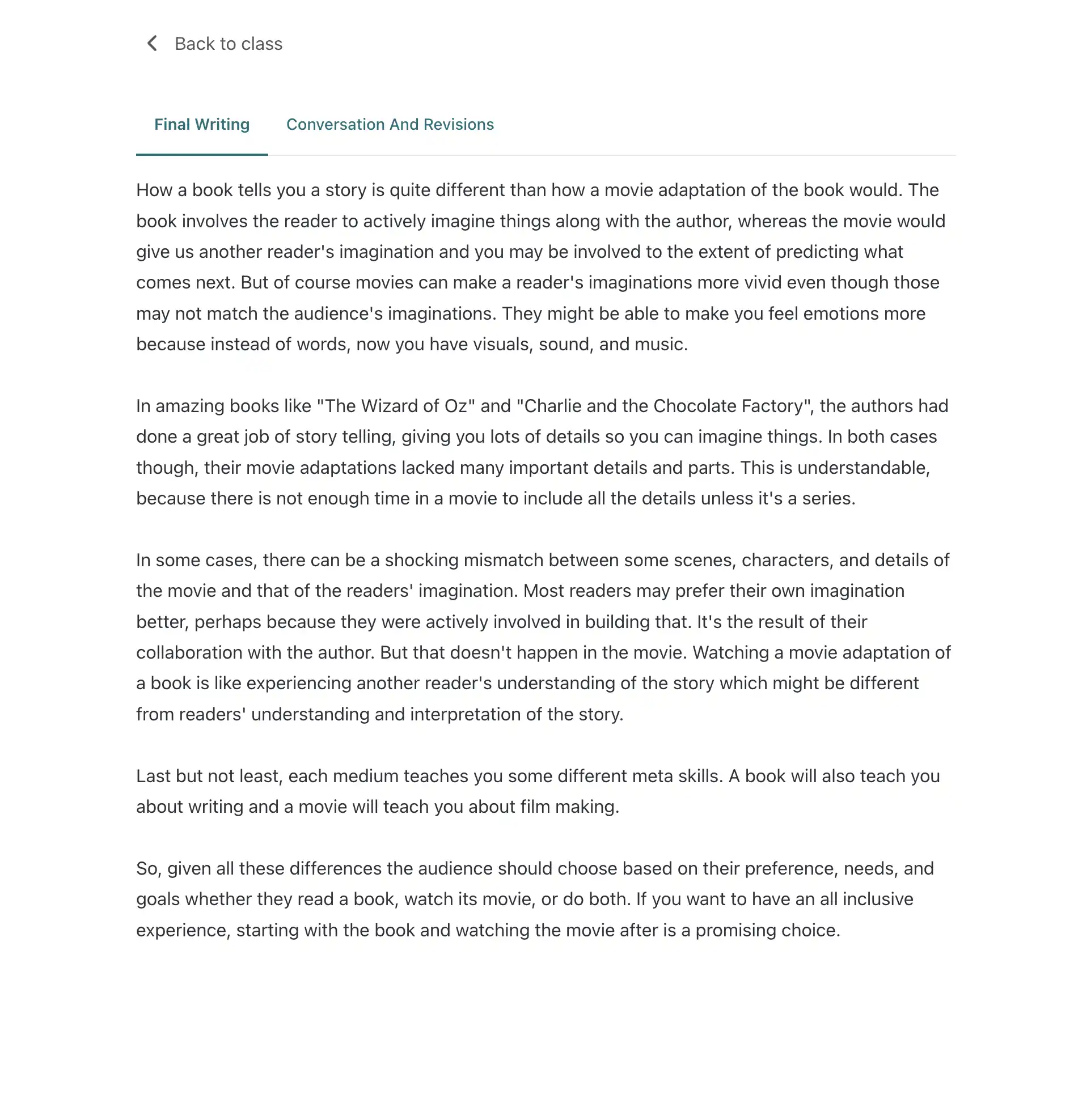 Screenshot of the final revision view for teachers