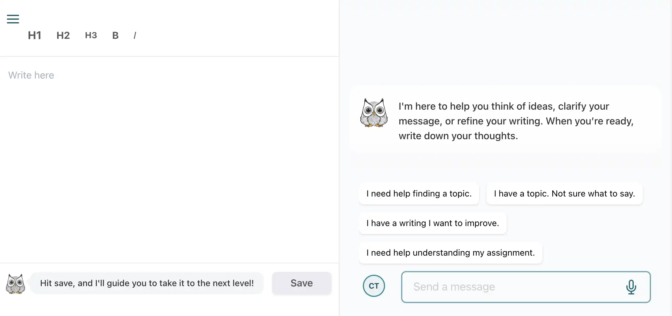 Screenshot of the free writing environment with AI chat