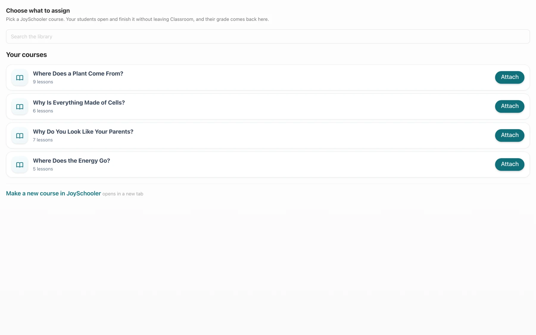 The JoySchooler add-on picker running inside a Google Classroom assignment