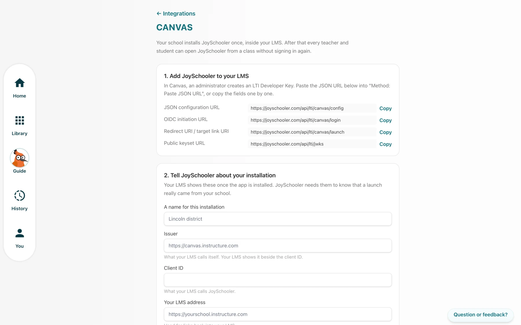 The JoySchooler LTI setup page showing the JSON configuration URL, OIDC initiation URL, redirect URI and public keyset URL
