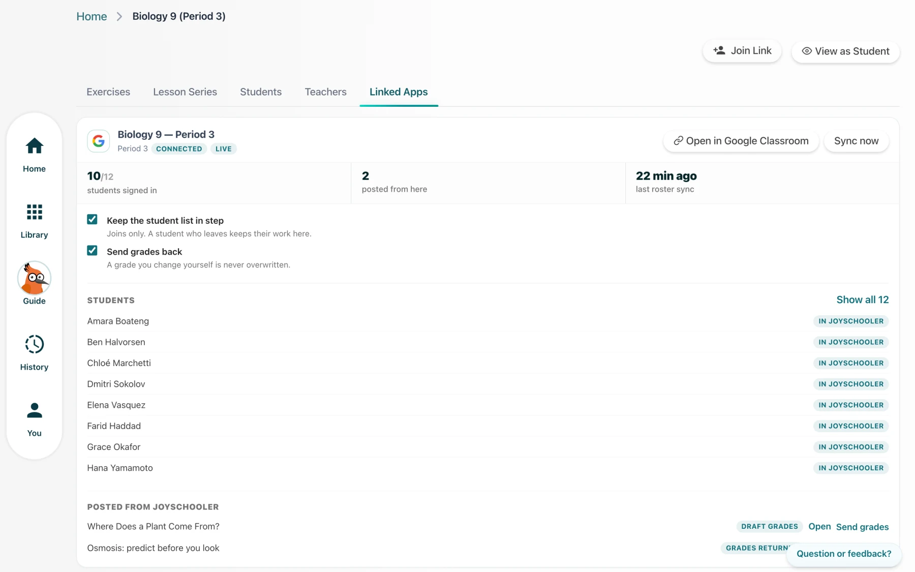 The Linked apps tab of a class, showing the synced roster, who has signed in, and what has been posted