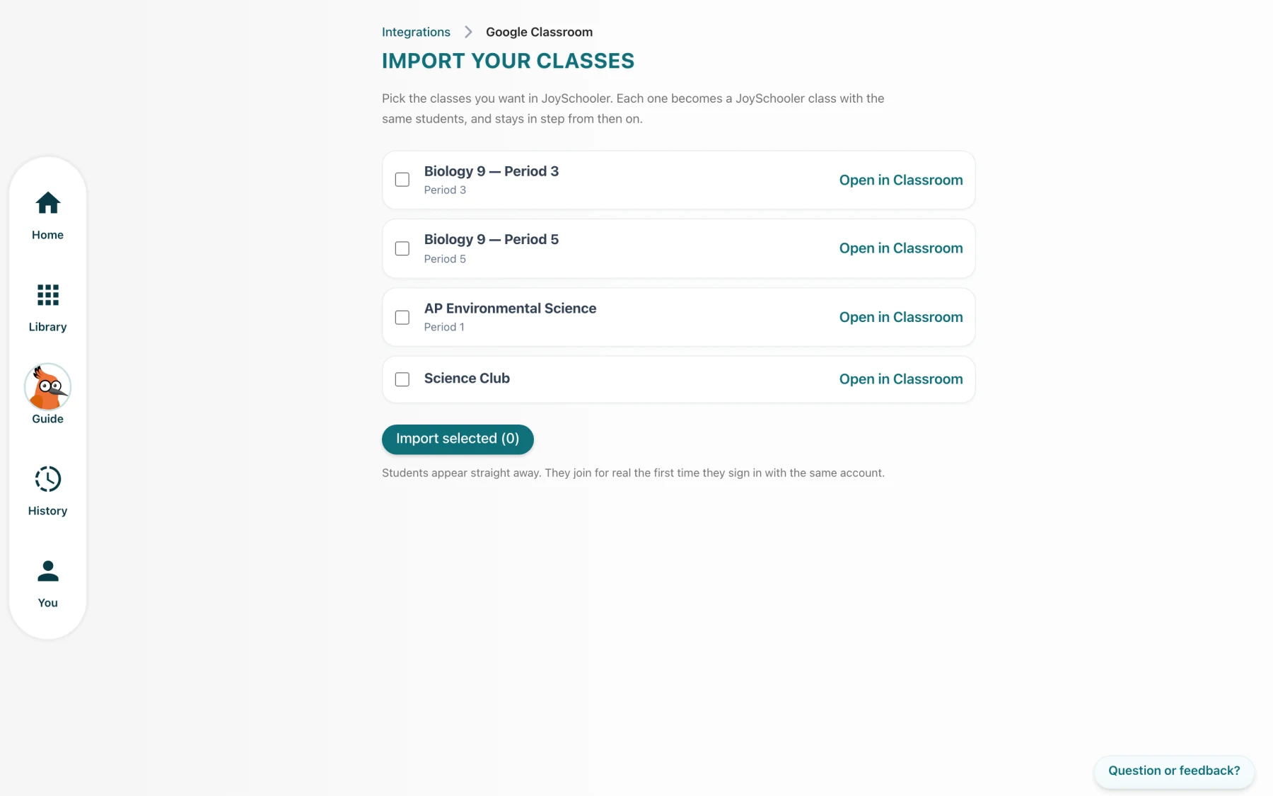 The class import screen listing Google Classroom courses with student counts and tick boxes