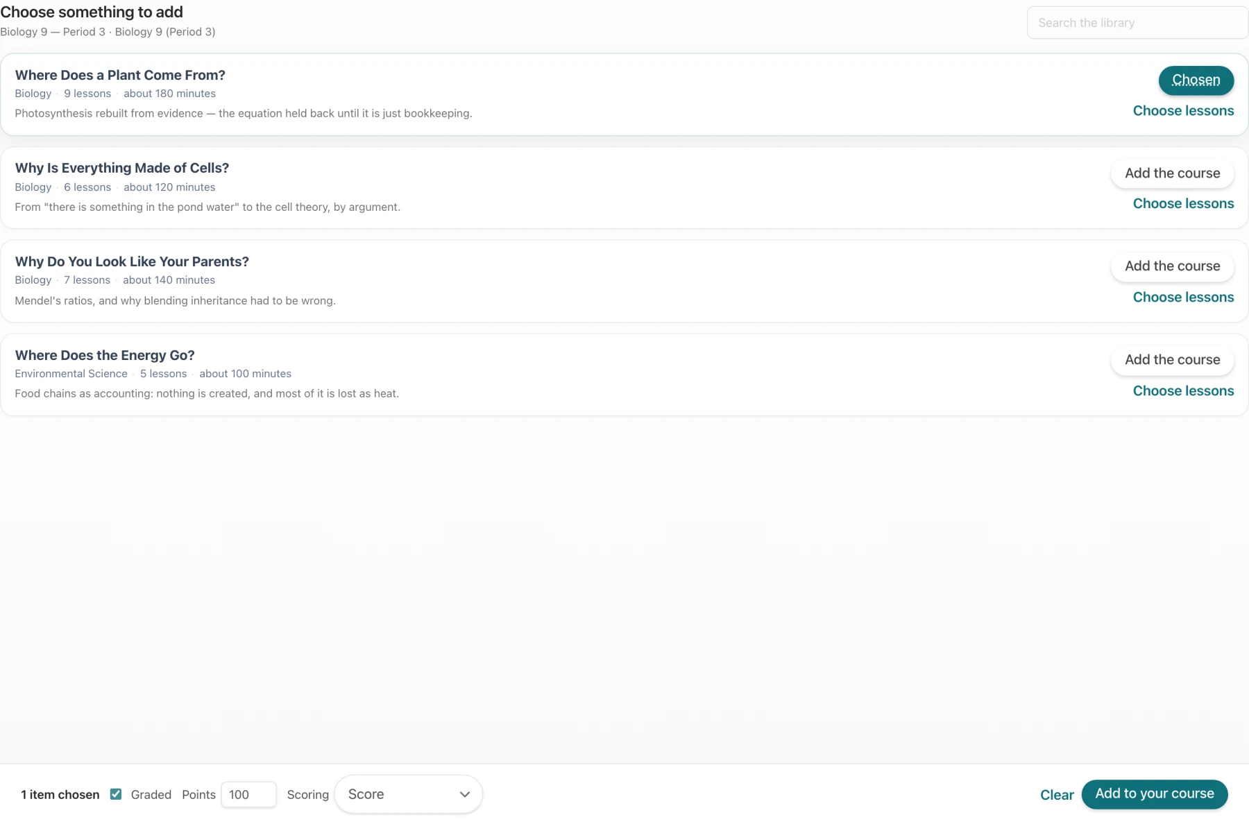 The JoySchooler content picker open inside Canvas, choosing a lesson series to add to a module