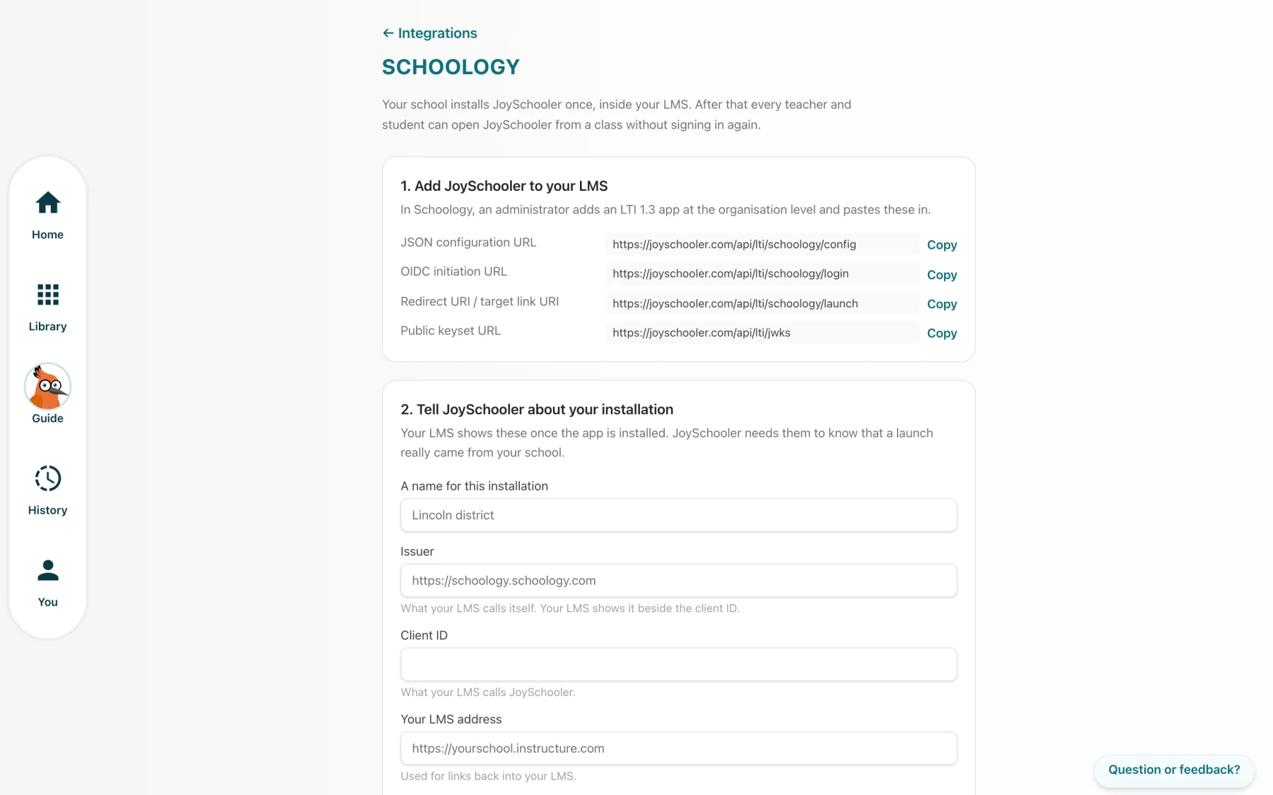 The JoySchooler LTI setup page for Schoology, showing the values an administrator pastes