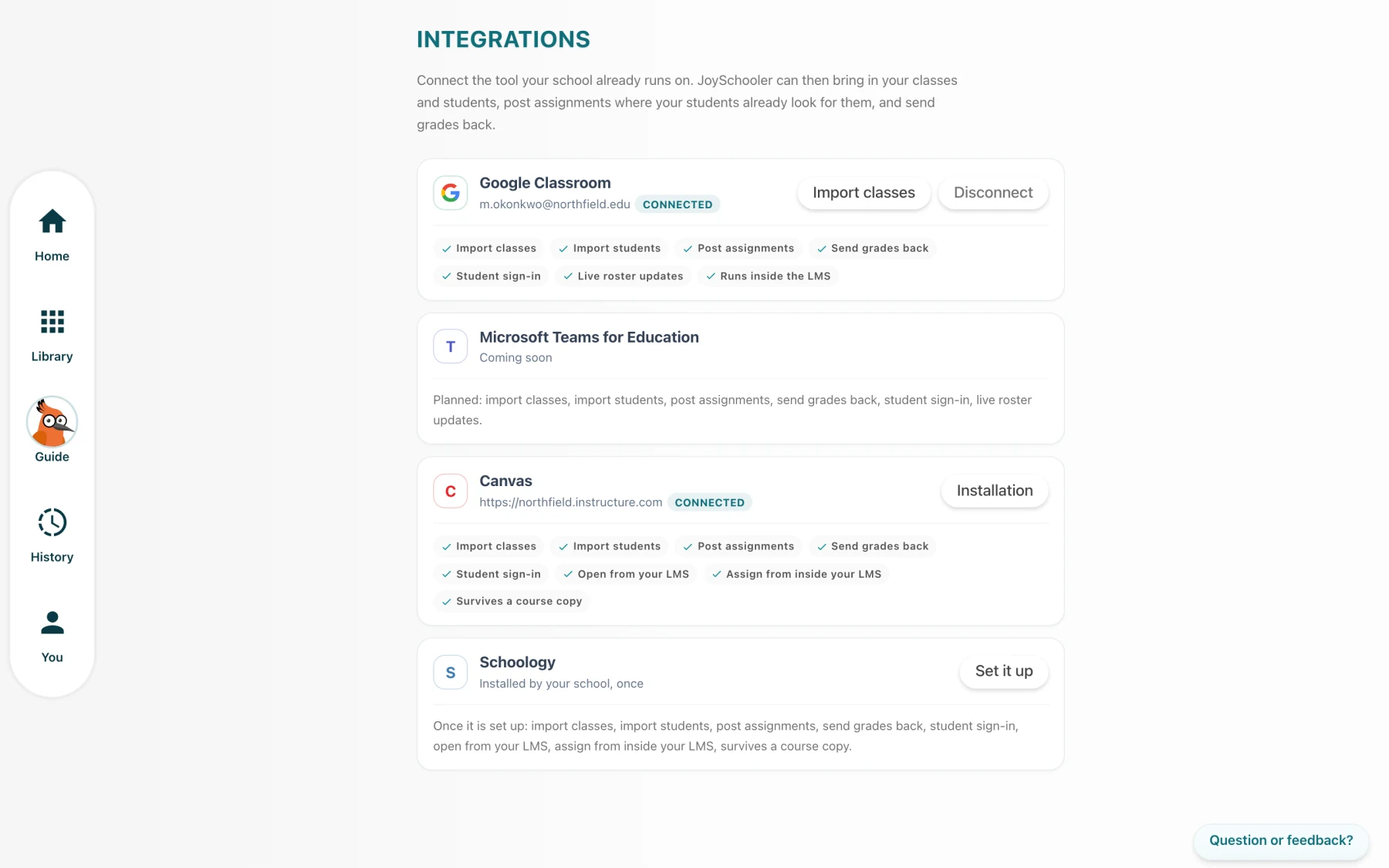 The JoySchooler Integrations page with Google Classroom connected, showing the capabilities it was granted