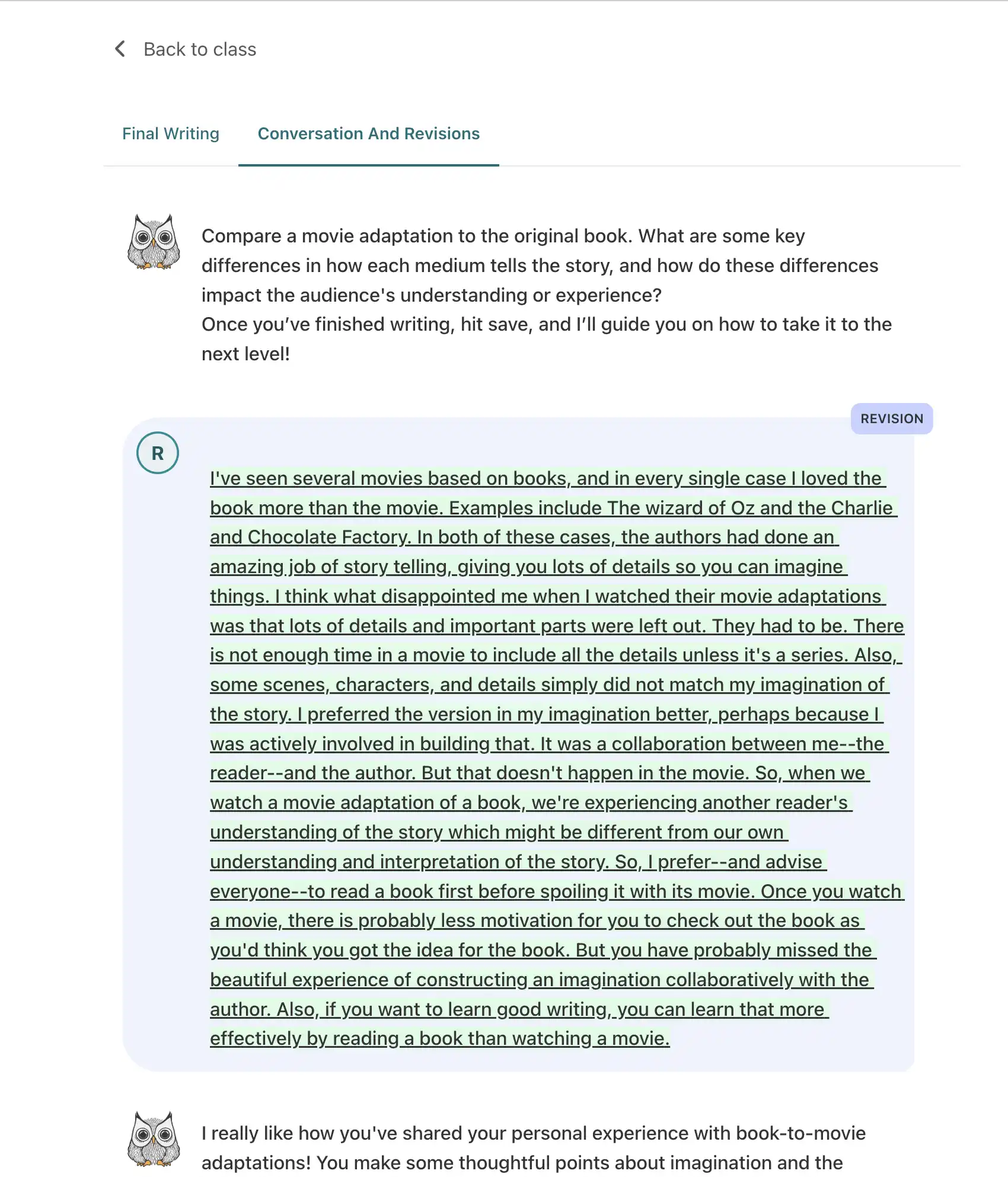 Screenshot showing teacher view of revisions and conversations