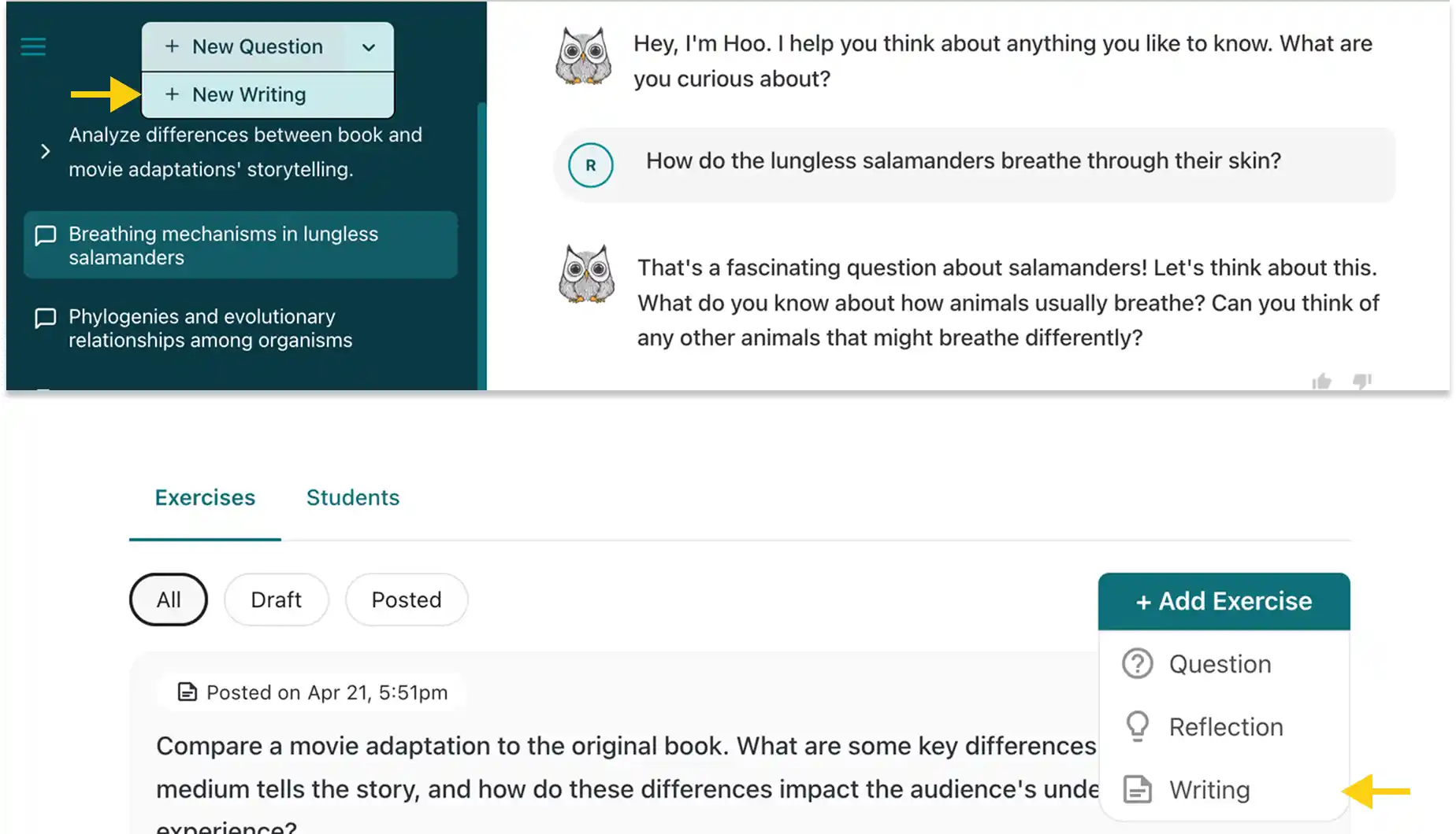 Screenshot showing the writing section access point