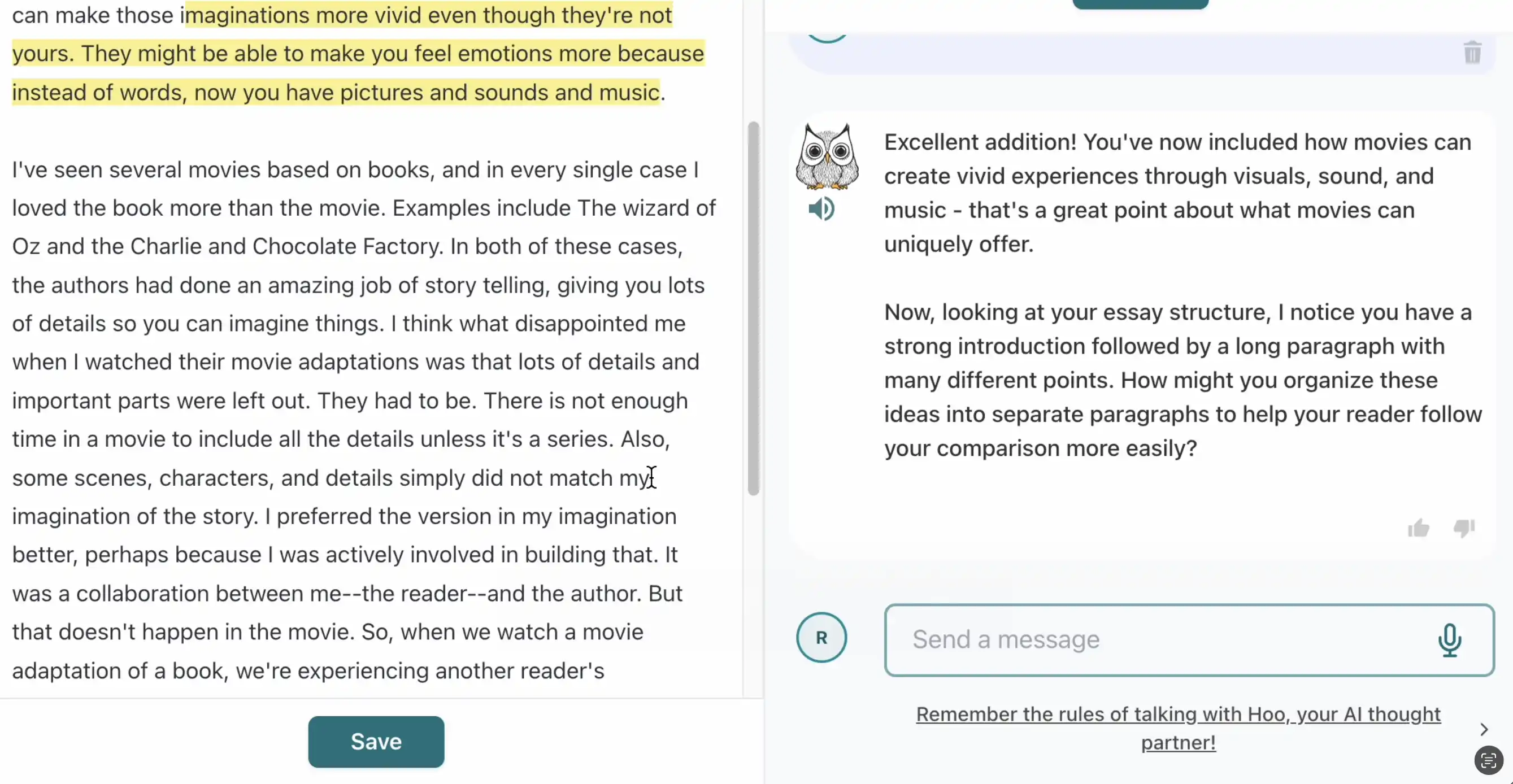 Screenshot showing student conversation with the AI writing guide
