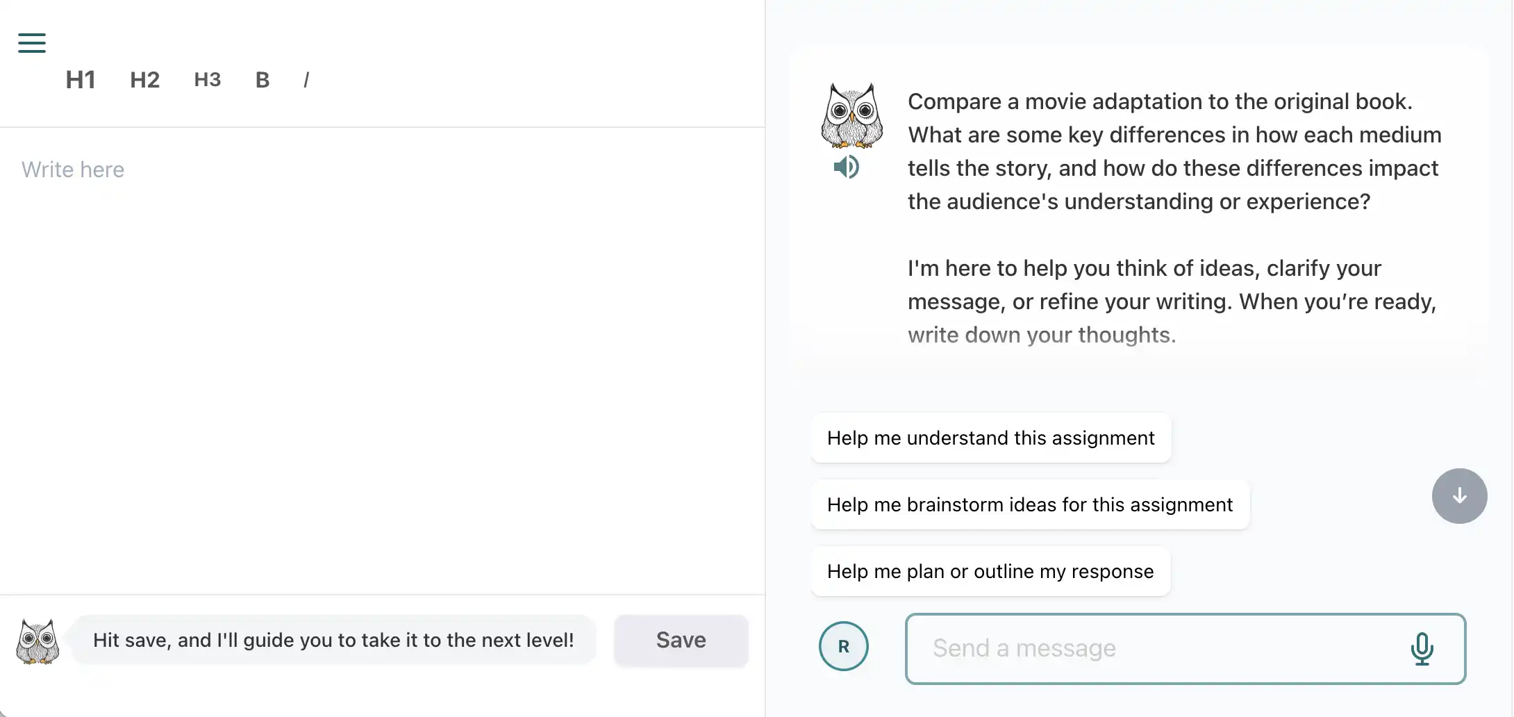 Screenshot of the writing exercise environment with AI chat