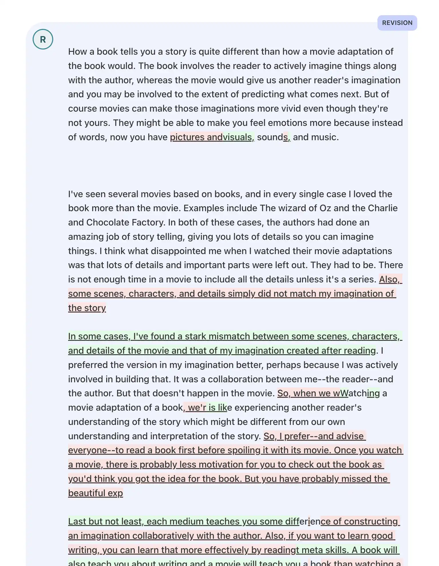 Screenshot showing the diff view comparing writing revisions