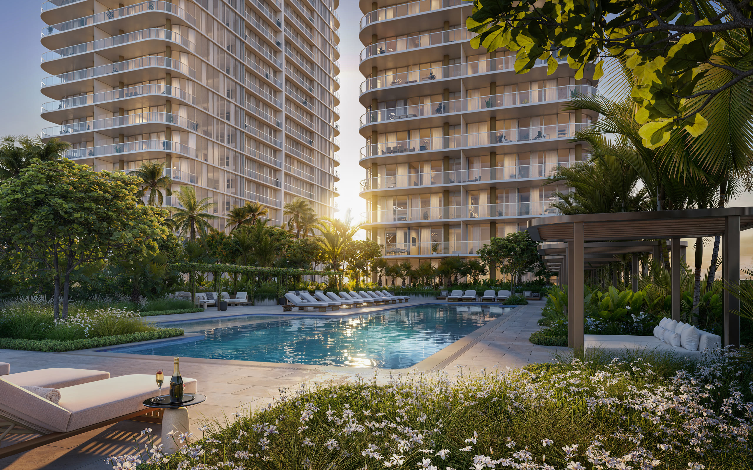 Lap pool set into landscaped gardens between the two Kempinski towers