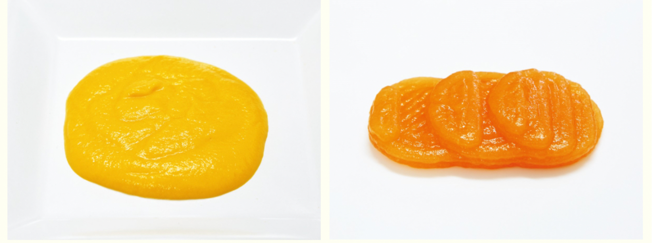 Conventional soft food for seniors (left) and an alternative produced with a food 3D printer.&nbsp; &nbsp; Source: Yamagata University website