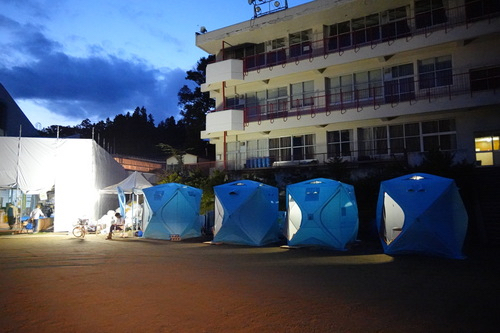 Wota Box showers being used in Nagano prefecture following a typhoon in 2019. &nbsp; &nbsp; Source. Wota