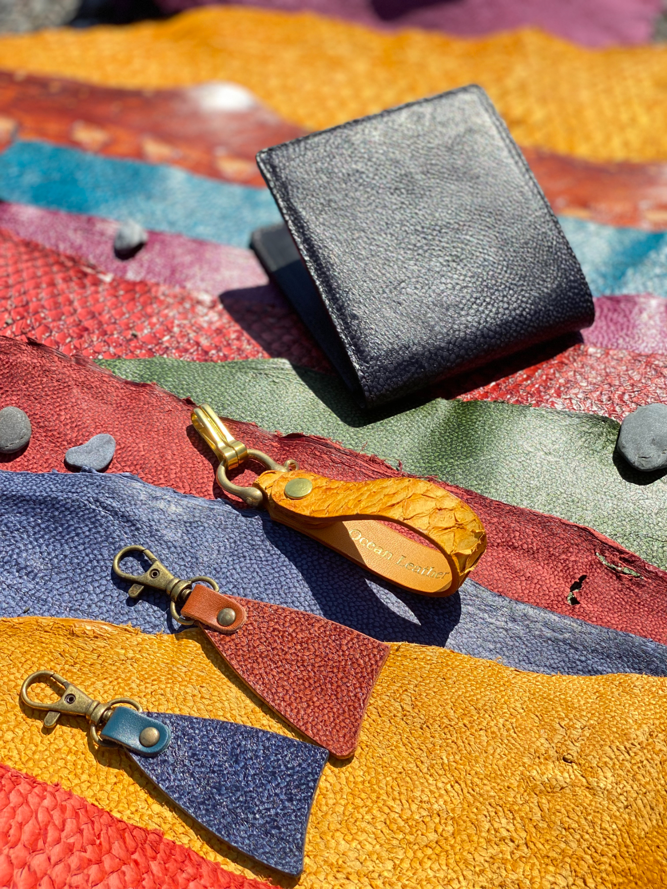 Fish leather wallets and keyrings are among the products on the market. &nbsp; &nbsp; Source: Ocean Leather&nbsp; &nbsp; &nbsp;