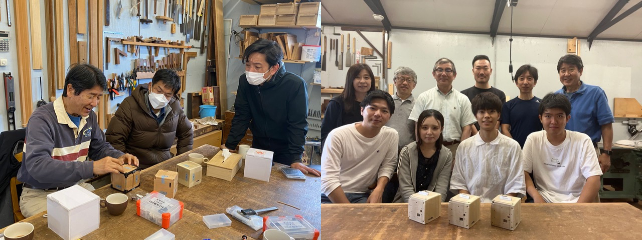 Project members, including Professor Murata and Kuroda-Kobo president Hiroaki Usui check the wooden satellites.&nbsp; &nbsp; &nbsp; Source: Kyoto University