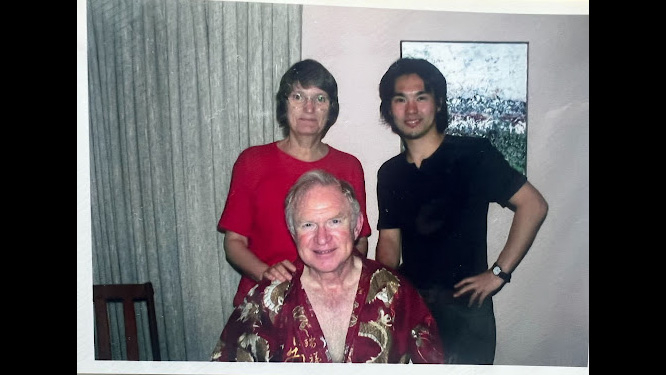 With his host family, who took care of him who was a Rotary Foundation Ambassadorial Scholar.