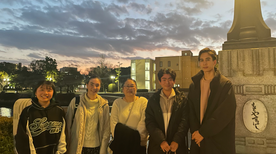 Photos taken on the day of the interview at peace park. From left to right: Ms. Shiori Hirata (Grade 11), Alina Shige-Hird (Grade 12), Ms. Yoko Yanagi (advisor), Mr. Jundai Okada (Grade 12), Taishi Hiraishi (Grade 12).&nbsp; &nbsp; &nbsp;Pictured by Erin Hirakawa