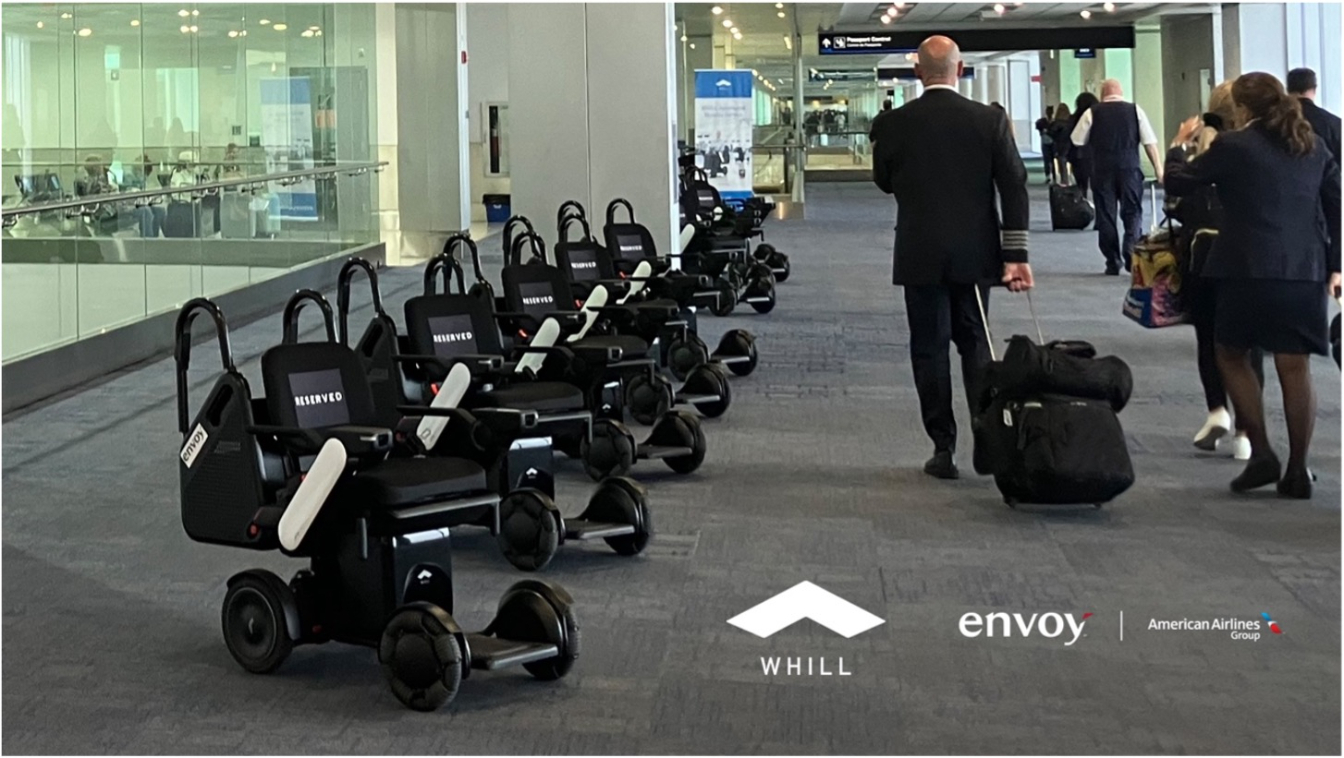 WHILL power chairs are lined up at a U.S. international airport.&nbsp; &nbsp; &nbsp;Source: WHILL